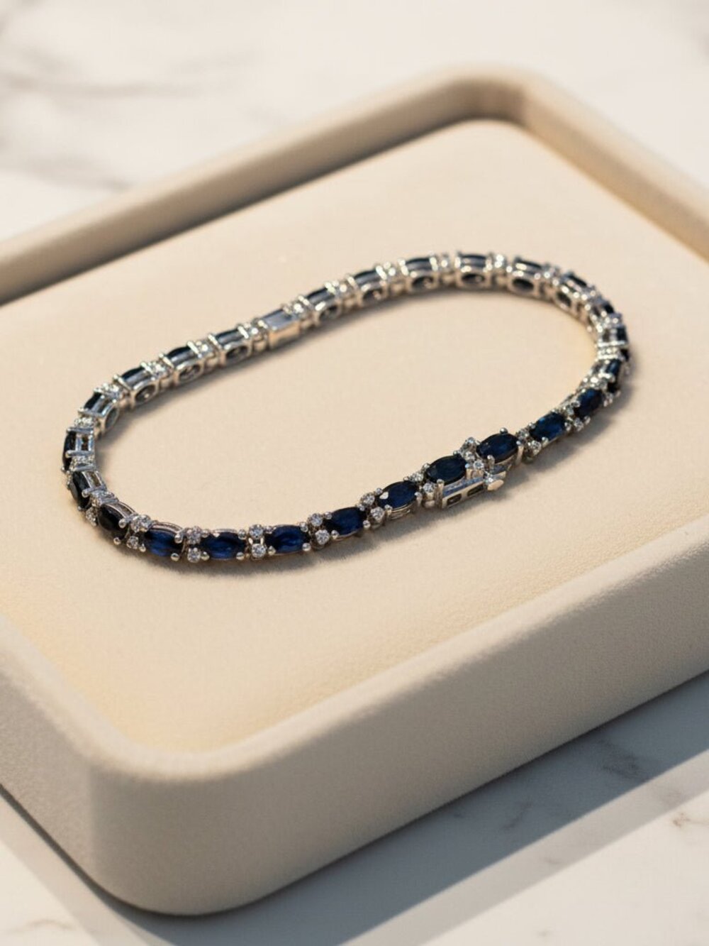 Vintage Natural Sapphire Diamond Tennis Bracelet 925 Silver Oval - 7” Circled M